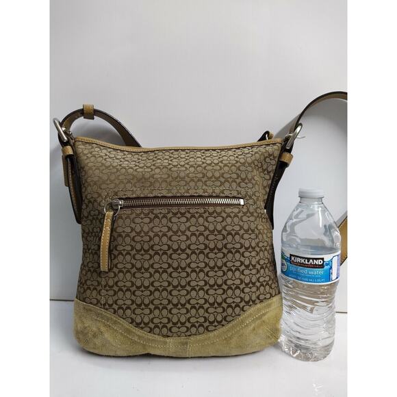 Coach Signature Brown Canvas Suede Leather Trim Zipper Crossbody Shoulder Bag - Picture 2 of 11